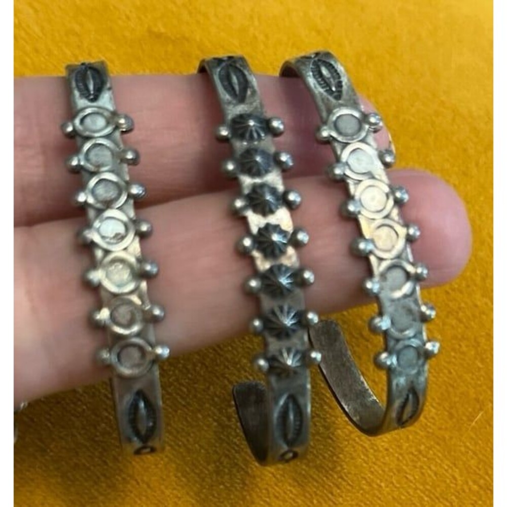 Three Vintage 3 Tiny Native American Hammered Silver bracelets Tourist Souvenirs